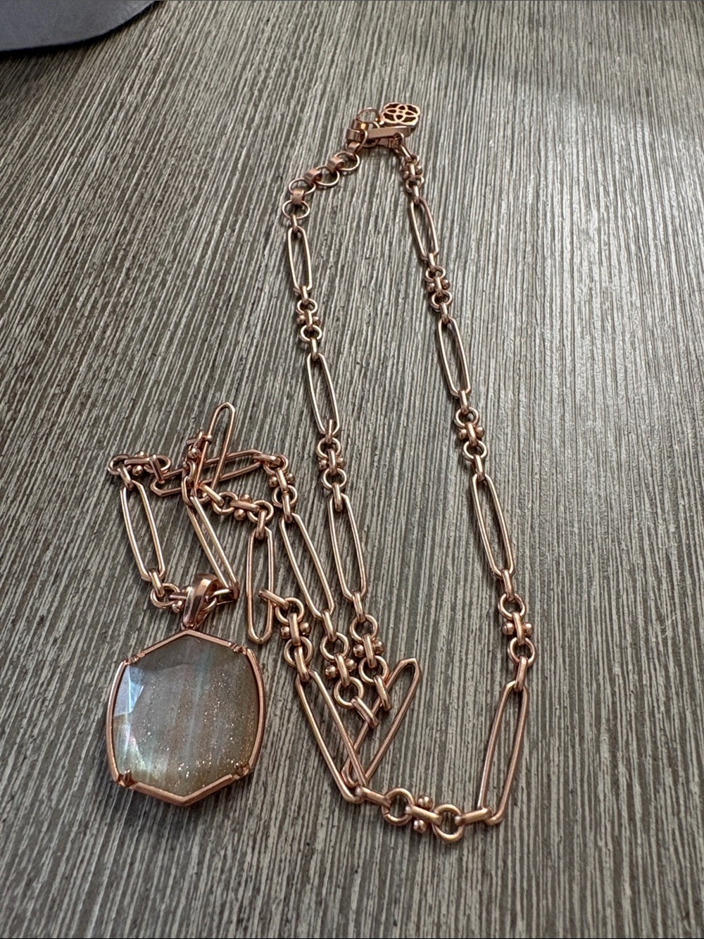 Rustic Cuff Rose Gold Link Necklace with Iridescent Hexagon Pendant